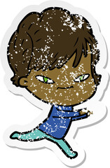 distressed sticker of a cartoon happy woman