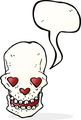 cartoon skull with love heart eyes with speech bubble