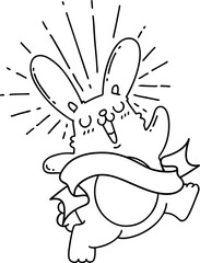 scroll banner with black line work tattoo style prancing rabbit