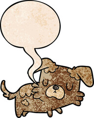 cartoon little dog with speech bubble in retro texture style