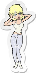 retro distressed sticker of a cartoon pretty woman