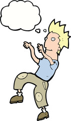 cartoon happy man doing funny dance with thought bubble