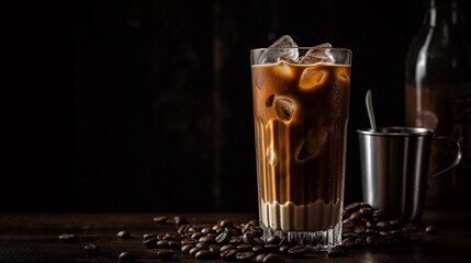 Ice coffee in a tall glass with cream poured over, ice cubes and beans. Generative AI
