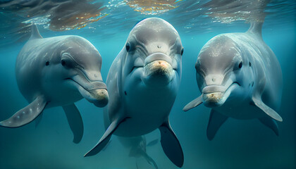 Three dolphins close up portrait underwater while Ai generated image