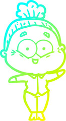 cold gradient line drawing of a cartoon happy old woman