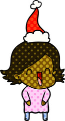 hand drawn comic book style illustration of a laughing woman wearing santa hat