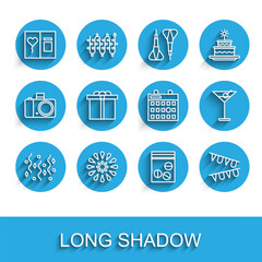 Set line Festive confetti, Firework, Greeting card, Plastic bag of drug, Carnival garland with flags, Gift box, Martini glass and Birthday calendar icon. Vector