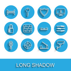 Set line Car key with remote, Target sport, Barbed wire, Parking car barrier, Security camera, Bricks, and Flasher siren icon. Vector