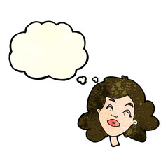 cartoon happy female face with thought bubble