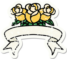 worn old sticker with banner of a bouquet of flowers
