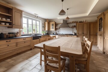 Spacious kitchen in a classic old-fashioned style, facades made of natural wood, stone floor. Large dining table with wooden chairs. Generative AI