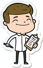 sticker of a happy cartoon man taking survey