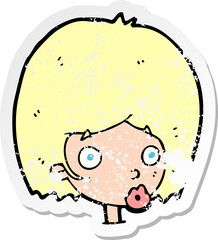 retro distressed sticker of a cartoon surprised female face