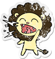 distressed sticker of a cartoon roaring lion