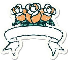 worn old sticker with banner of a bouquet of flowers