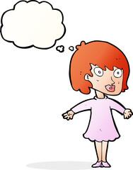 cartoon woman wearing dress with thought bubble