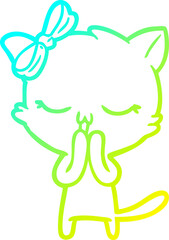cold gradient line drawing of a cartoon cat with bow on head