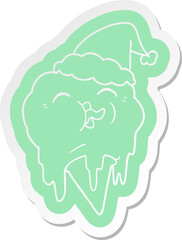 quirky cartoon  sticker of a melting ice cream wearing santa hat
