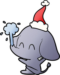 cute hand drawn gradient cartoon of a elephant spouting water wearing santa hat