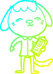 cold gradient line drawing of a happy cartoon office worker dog