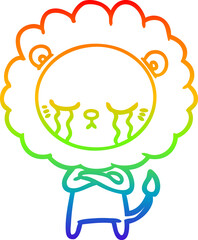 rainbow gradient line drawing of a crying cartoon lion