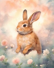 dreamy and ethereal watercolor print of a rabbit surrounded by floating clouds and stars. soft pastel shades and gentle brushstrokes to create a sense of tranquility and enchantment  Generative AI