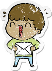 distressed sticker of a laughing cartoon man with letter