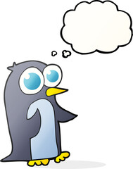 freehand drawn thought bubble cartoon penguin with big eyes