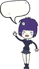 cartoon waving vampire girl with speech bubble