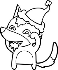 hand drawn line drawing of a hungry wolf wearing santa hat