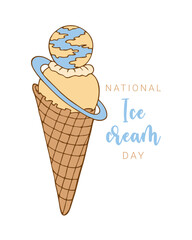 National Ice Cream Day. Greeting card decoration graphic element vanilla ice cream and planet hand drawing. Isolated, white background. Vector illustration