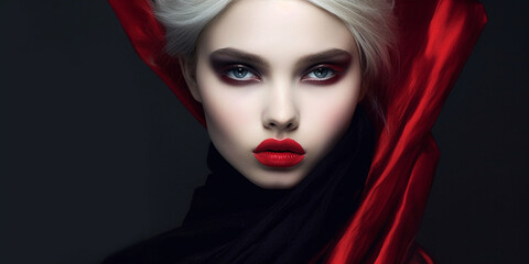 Fashion Model Gesicht umh&uuml;llt mit Satin Stoff Nahaufnahme, ai generativ