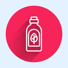 White line Essential oil bottle icon isolated White line background. Organic aromatherapy essence. Skin care serum glass drop package. Red circle button. Vector