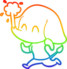 rainbow gradient line drawing of a cute cartoon elephant spouting water