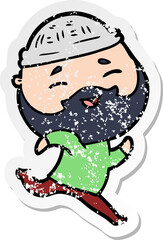 distressed sticker of a cartoon happy bearded man