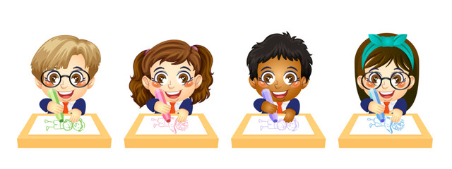 Cute boy and girl student coloring with a crayon, back to school, education, print, artwork, doodle, vector illustration (Vector)