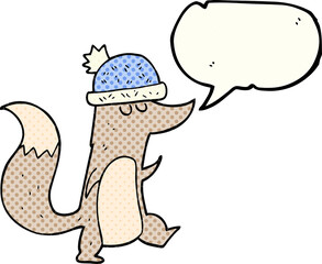 freehand drawn comic book speech bubble cartoon little wolf wearing hat