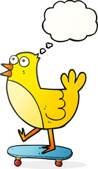 freehand drawn thought bubble cartoon bird on skateboard