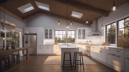Fototapeta na wymiar Modern spacious country style kitchen, white cabinets and countertops, hardwood floors and ceiling beams, wooden kitchen island with worktop and bar stools. Generative AI
