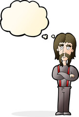 cartoon long mustache man with folded arms with thought bubble