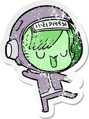 distressed sticker of a cartoon astronaut woman