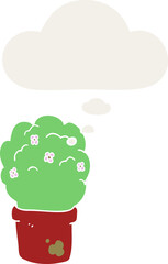 cartoon shrub with thought bubble in retro style