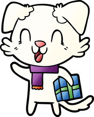 laughing cartoon dog with christmas present