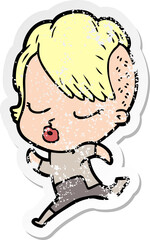 distressed sticker of a cartoon pretty hipster girl