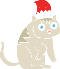 flat color illustration of cat wearing christmas hat