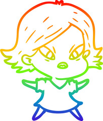 rainbow gradient line drawing of a cartoon stressed woman