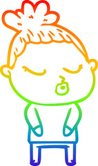 rainbow gradient line drawing of a cartoon calm woman