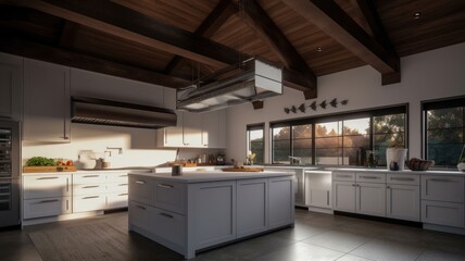 Fototapeta na wymiar Modern spacious country style kitchen, white cabinets and countertops, ceiling beams, wooden kitchen island with worktop. Generative AI