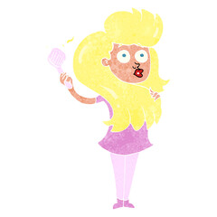 freehand retro cartoon woman brushing hair