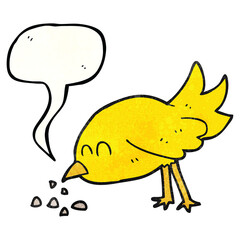 freehand speech bubble textured cartoon bird pecking seeds